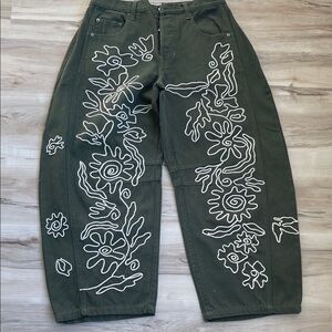 We The Free Southache Good Luck Green Embroidered Barrel jeans